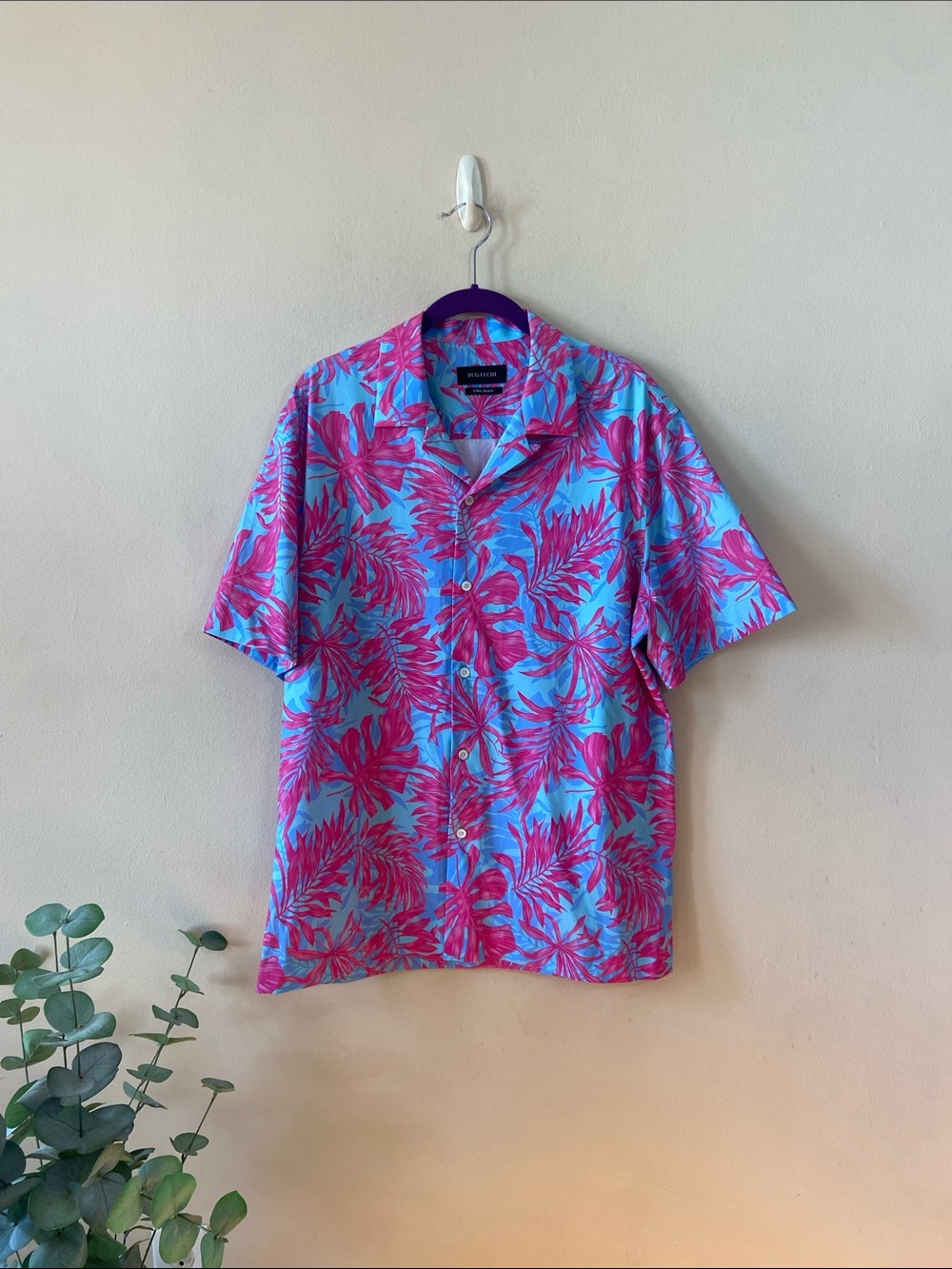 Bugatchi 8 Way Stretch Tropical Floral Camp Shirt Pink Blue Button Up Men's M